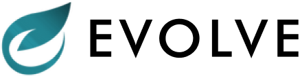 Logo with a teal leaf shape to the left of the word "EVOLVE" in black letters.