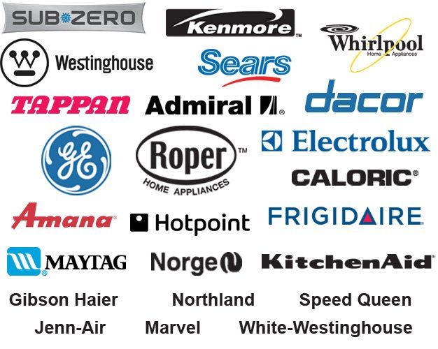 Admiral,  Amana, Caloric, Dacor, Electrolux, Frigidaire, GE, Gibson Haier, Hotpoint, Jenn-Air, Kenmore, Kitchenaid, Marvel. Maytag, Norge, Northland, Roper, Sears, Speed Queen, Sub-Zero, Tappan, Westinghouse, Whirlpool, White-Westinghouse | Logo