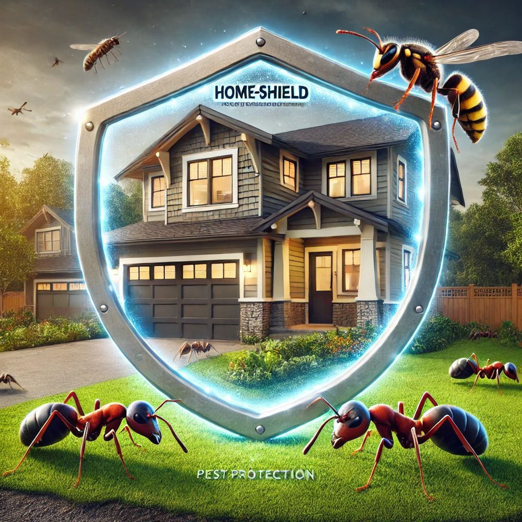 A house is protected by a shield with ants around it.