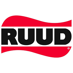 RUUD logo in black letters with red wave shapes above and below on a white background