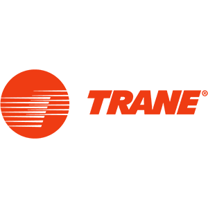 Trane logo in orange with a circular striped icon and bold wordmark on a white background