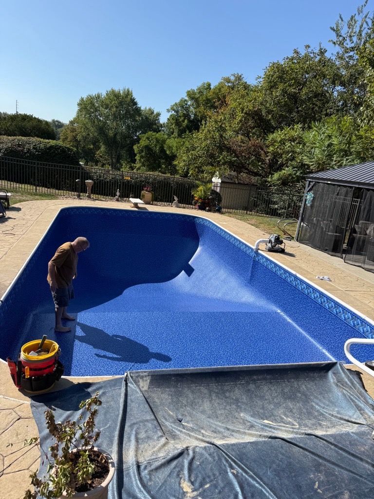 Brown dog standing by a covered blue swimming pool in a sunny backyard