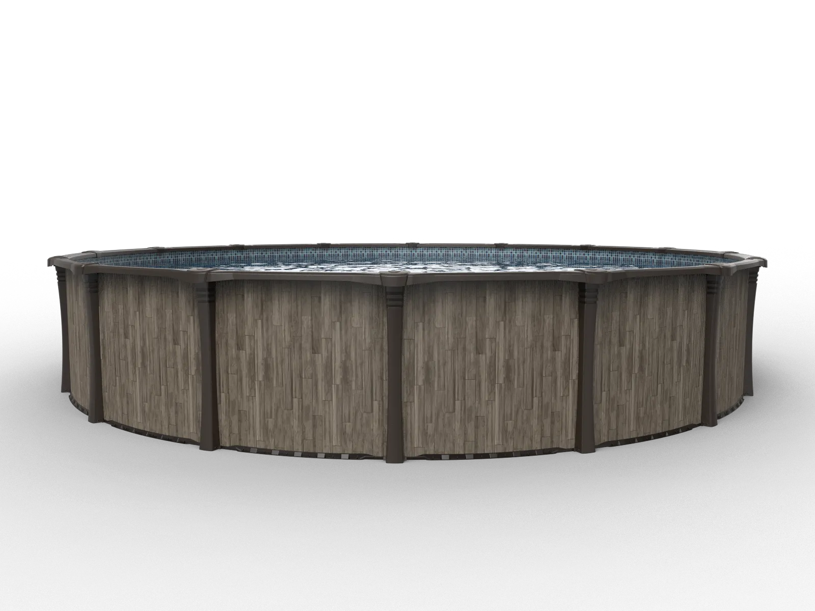 Round wooden hot tub with dark water on a white background