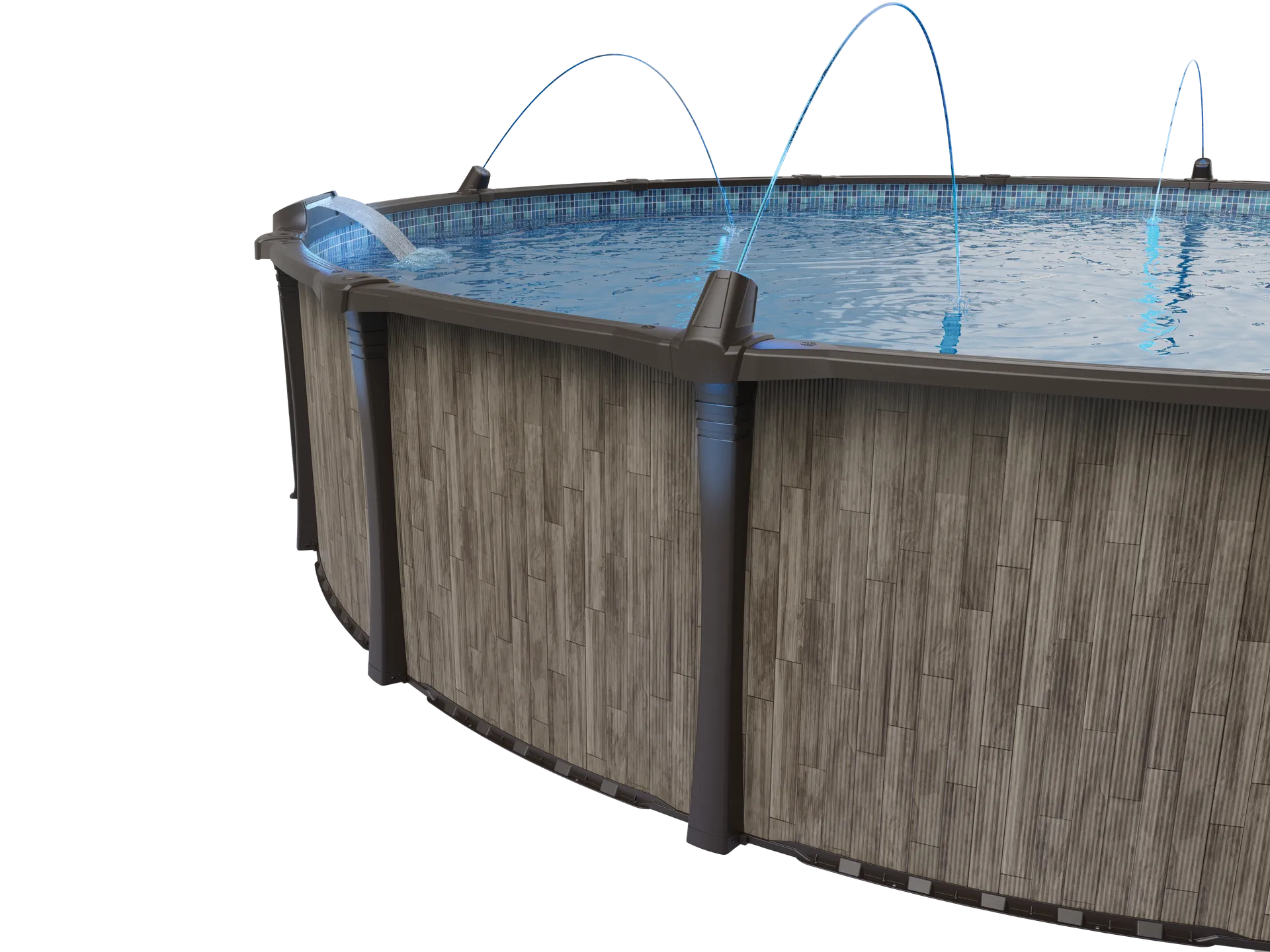 Above-ground round pool with blue water and fountain jets, showing its wooden exterior side.