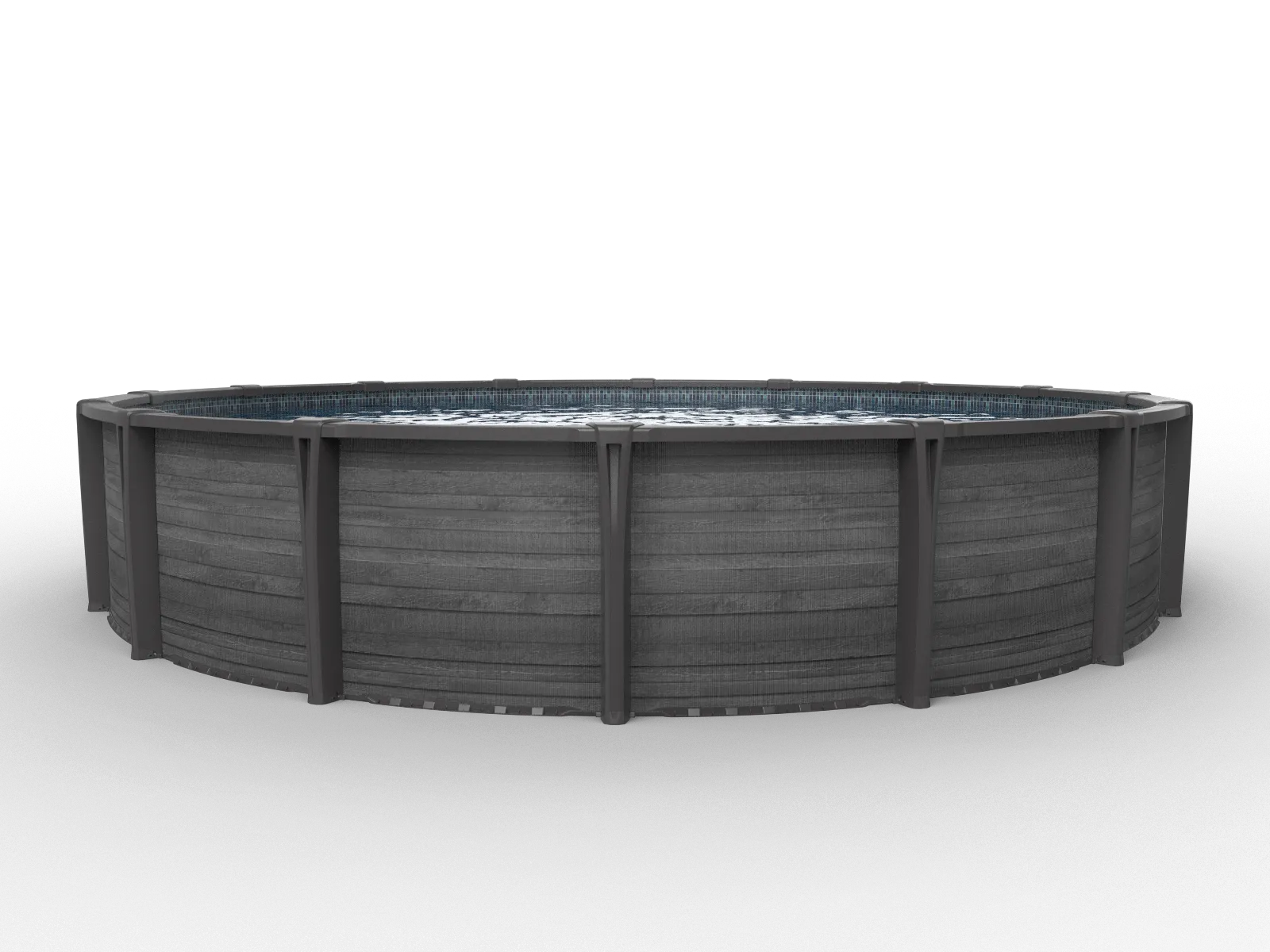 Round dark-gray above-ground pool with water, shown on a white background
