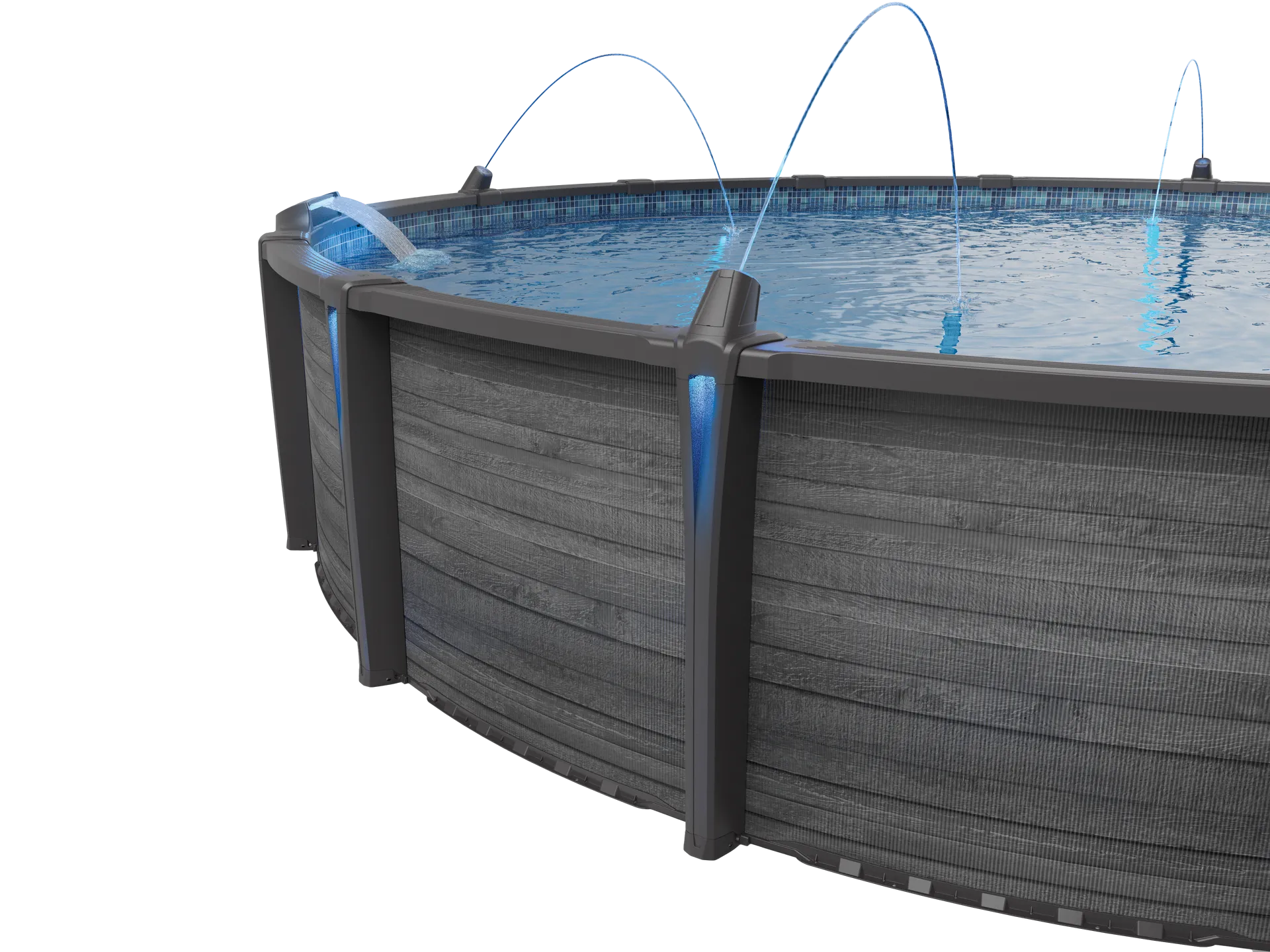 Above-ground pool with blue water splashing over a gray frame and side support posts