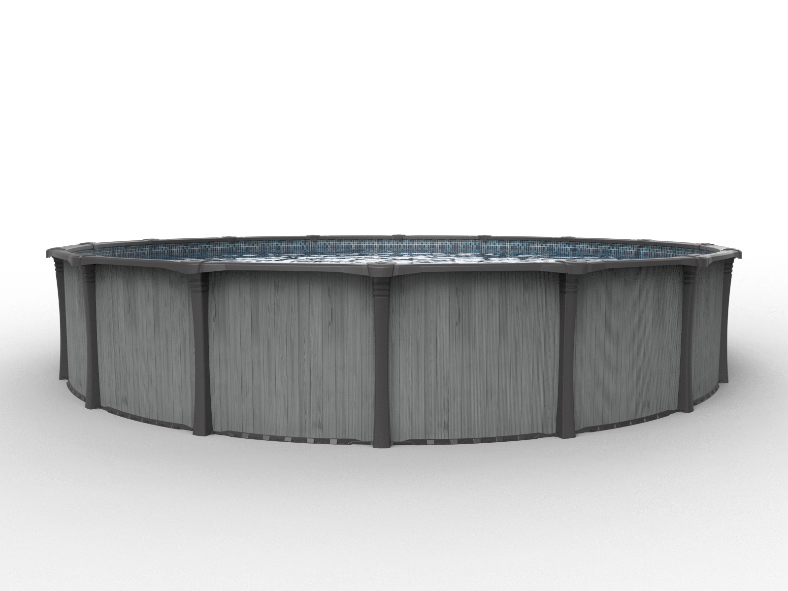 Carvin S Round gray above-ground pool with metal siding on a white background