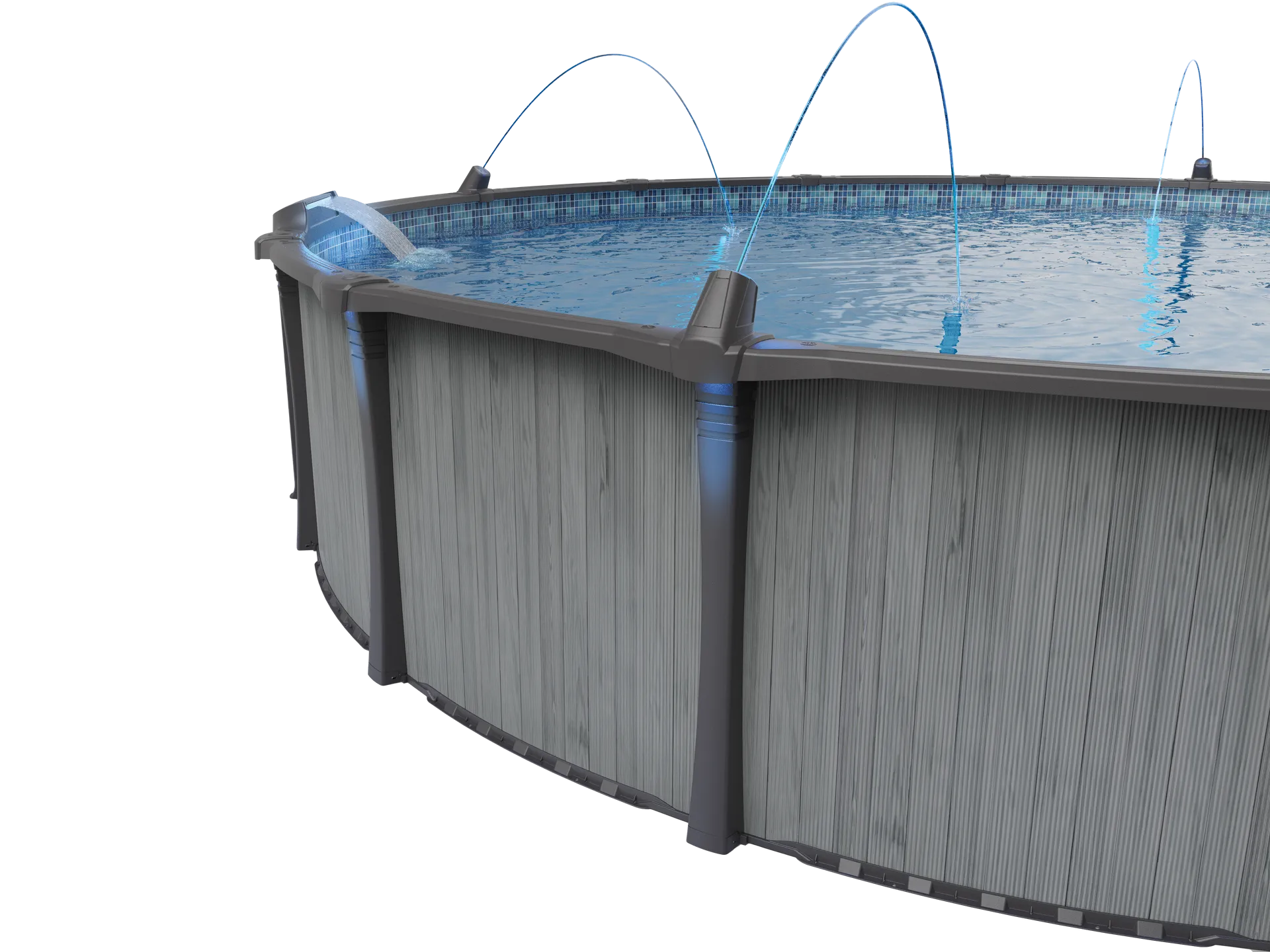 Above-ground round swimming pool with blue water and gray metal walls outdoors