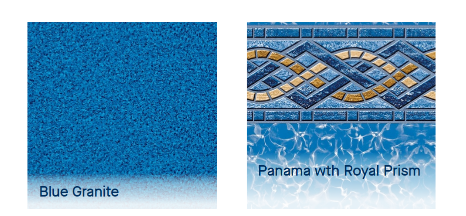 Blue granite tile swatch and Panama with Royal Prism patterned tile sample side by side.