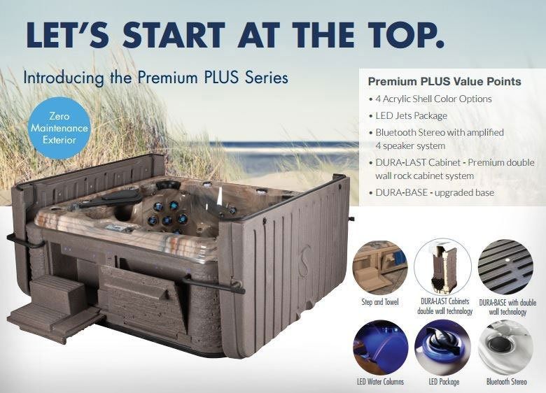 Promotional ad for a beige hot tub with “Let’s start at the top” headline and feature list