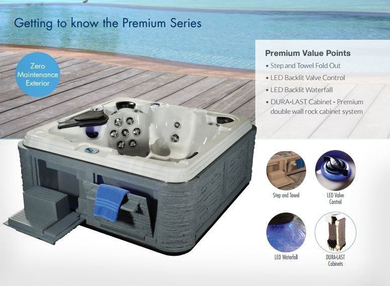 Hot tub with control panel and jet features, shown on a deck with labeled premium value points.