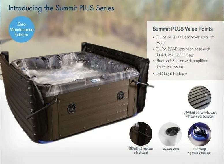Summit PLUS hot tub with black exterior and silver interior, promotional product image