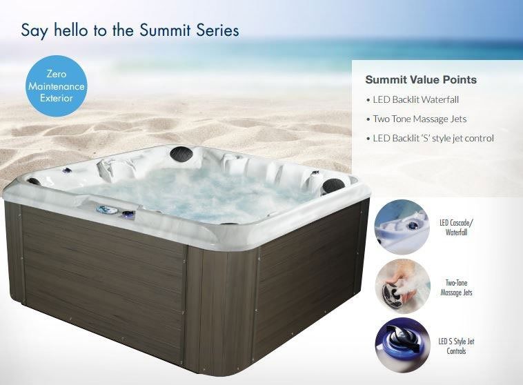 White hot tub spa with dark wood exterior and promotional text on a beach-themed ad background