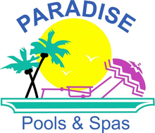 Paradise Pools & Spas logo with palm trees, sun, lounge chair, and blue-purple text