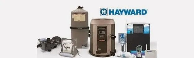 Hayward pool equipment lineup with logo, including pump, filter, heater, and control system