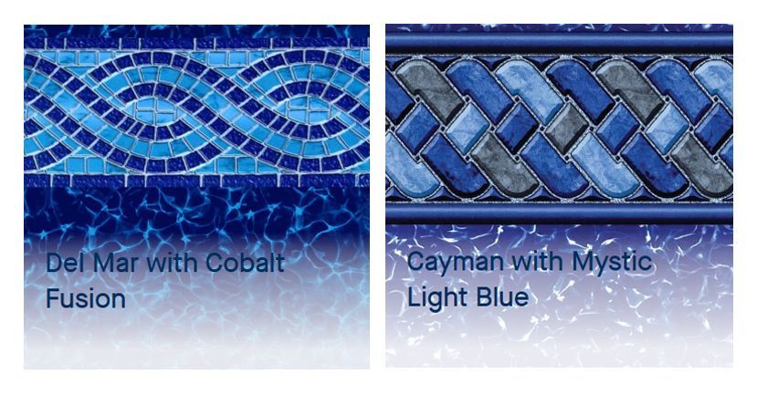 Two blue mosaic tile patterns labeled Del Mar with Cobalt Fusion and Cayman with Mystic Light Blue