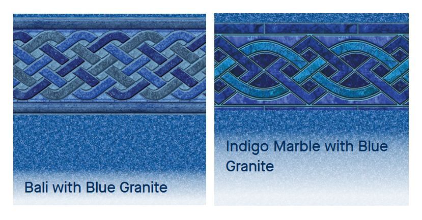 Blue granite and Panama with Royal Prism decorative tile samples side by side.