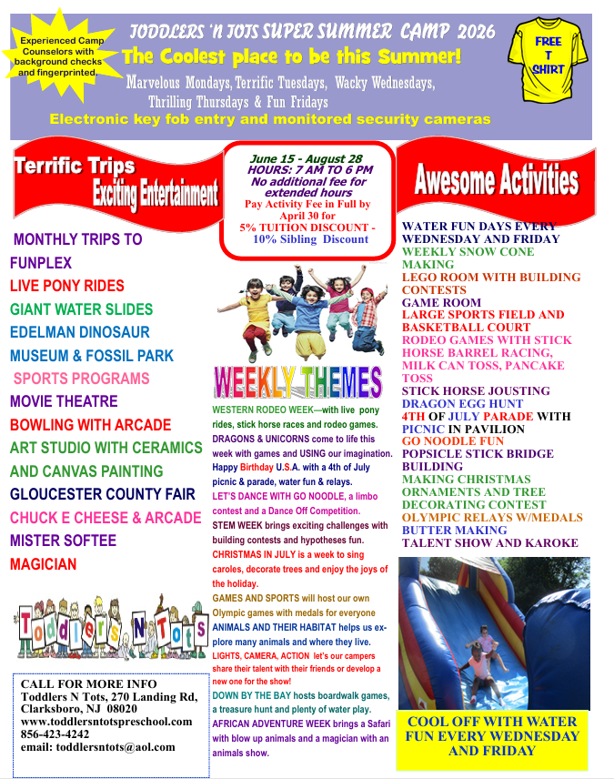 A poster for toddlers n tots super summer camp 2026