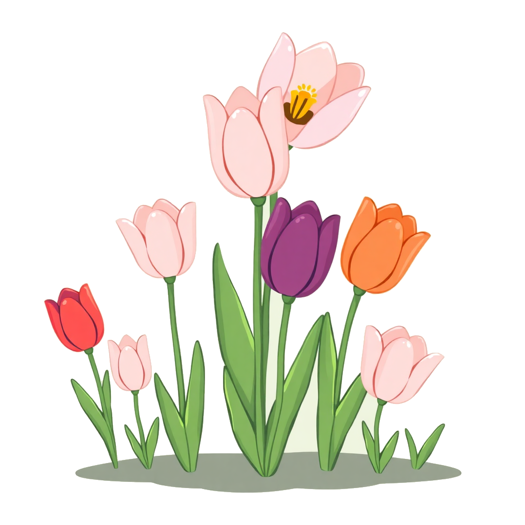 A collection of eight colorful tulips in shades of pink, red, purple, and orange, growing from a patch of green ground.