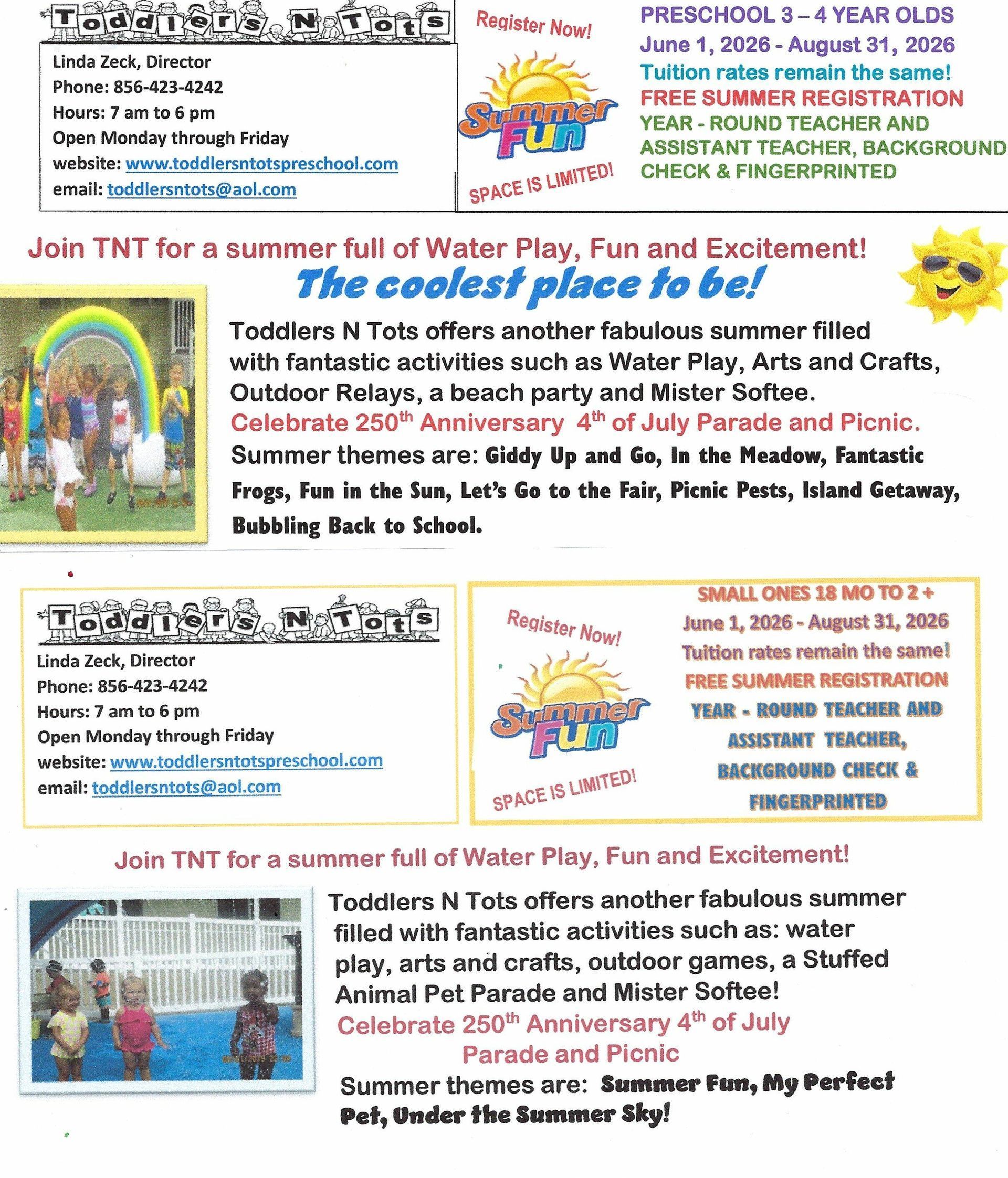 Flyer for Toddlers N Tots summer camp programs featuring dates, activities, themes, and contact information.