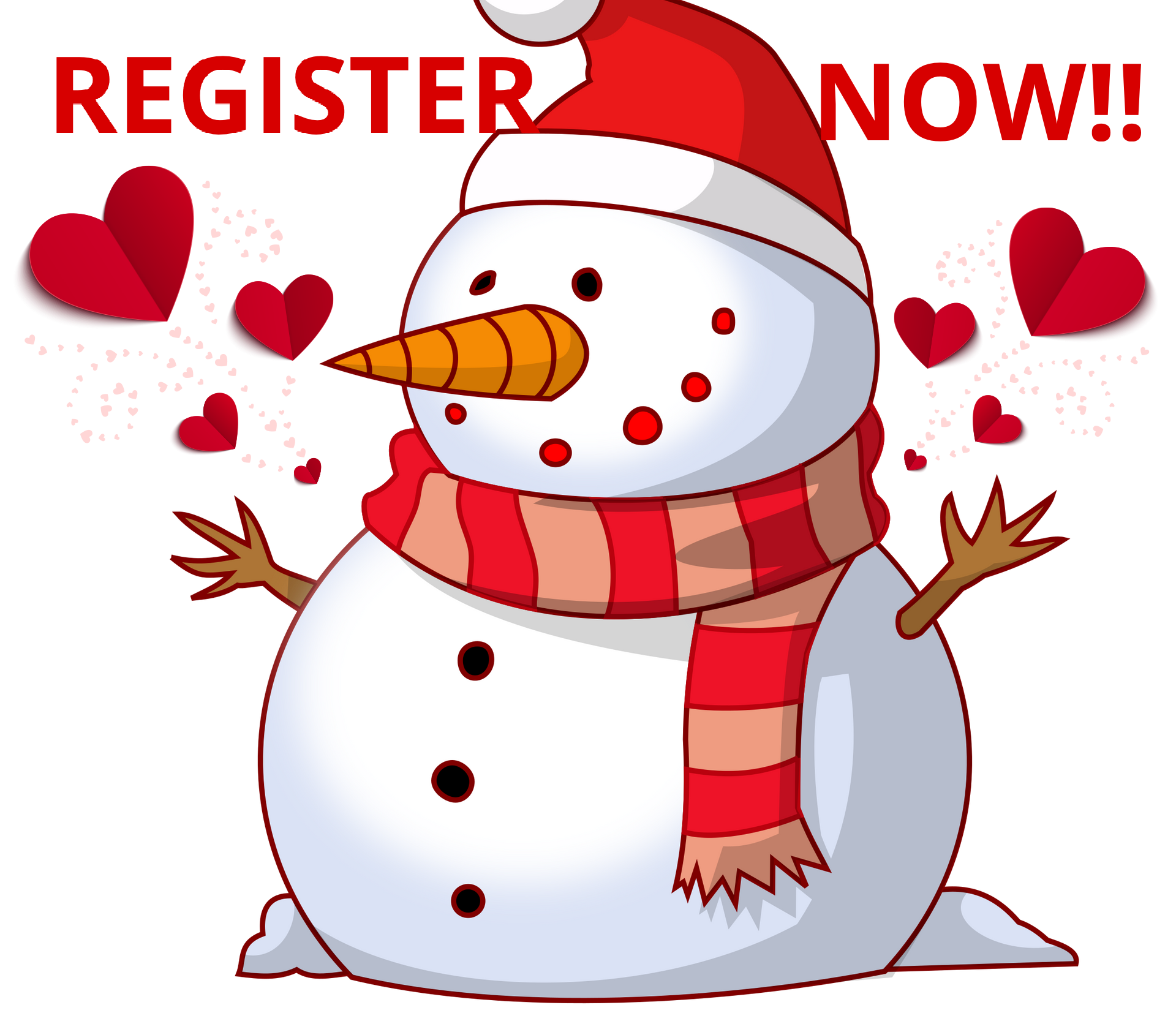 Snowman wearing a Santa hat and scarf, surrounded by hearts;