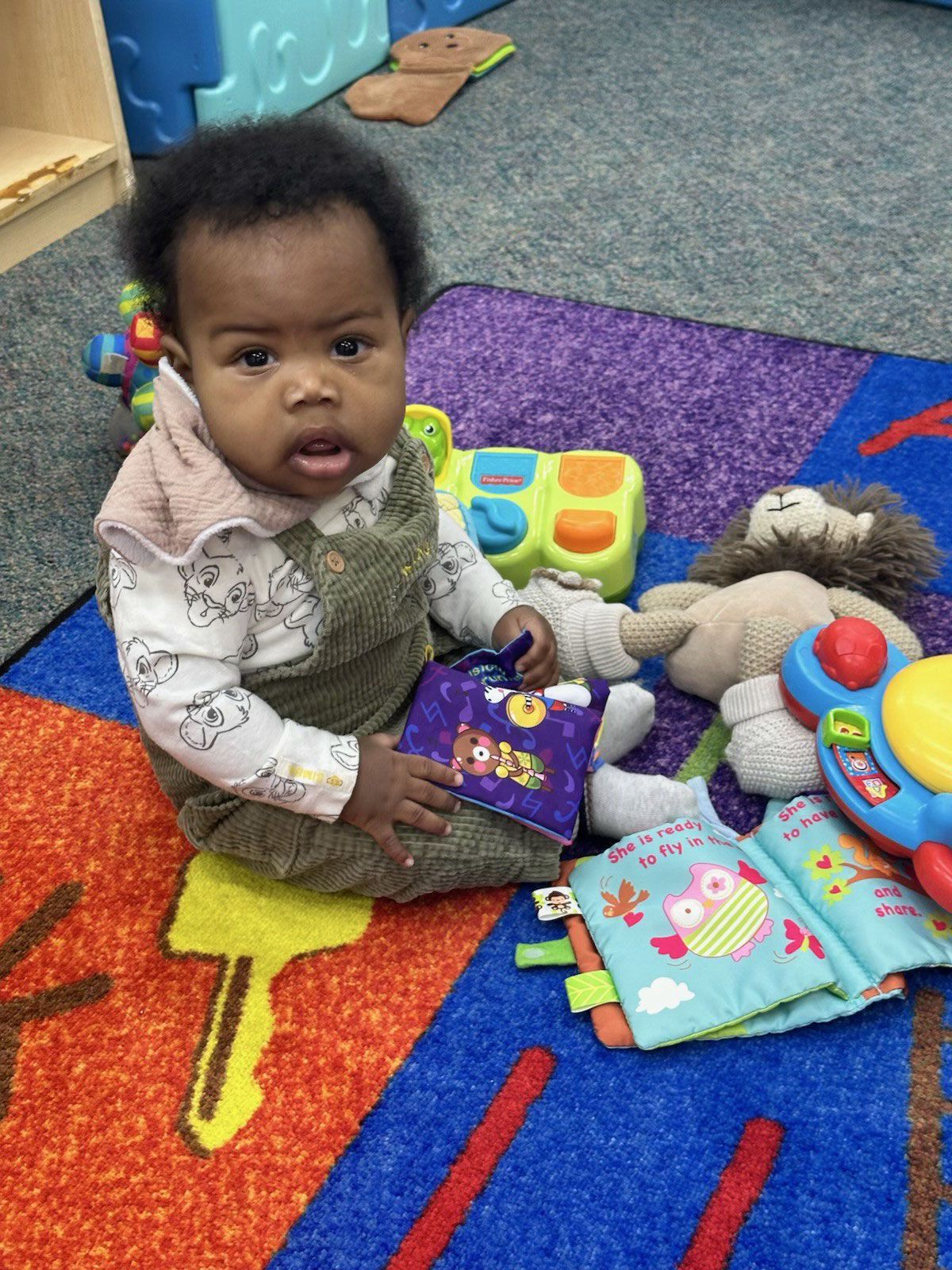 A baby sits on a colorful rug surrounded by toys, holding a soft book, and looking directly at the camera