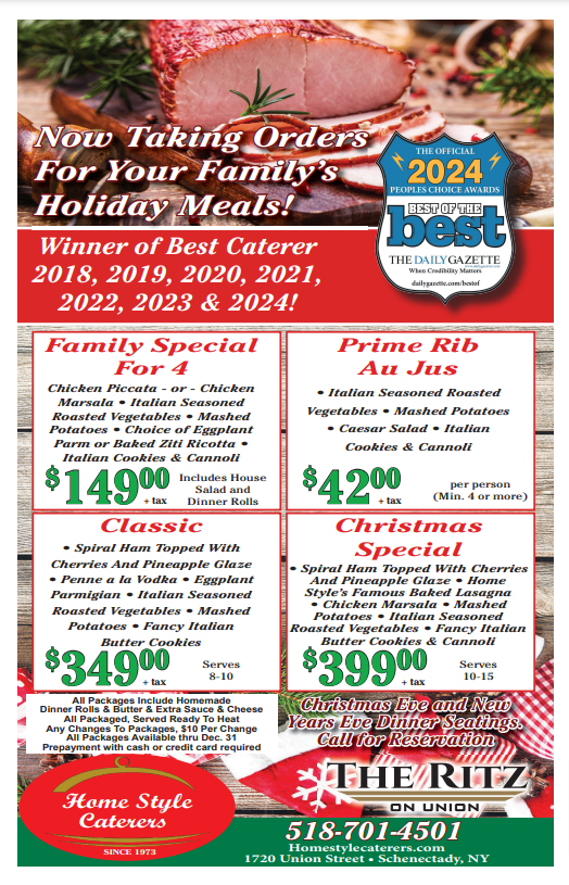 A flyer for a restaurant that says `` now taking orders for your family 's holiday meals ! ''