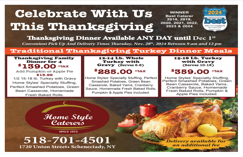 A flyer for home style catering that says celebrate with us this thanksgiving