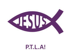Purple fish symbol with the word JESUS and the letters P.T.L.A! below