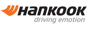 Hankook logo with orange emblem and black wordmark, tagline “driving emotion” in gray