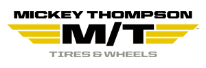 Mickey Thompson Tires & Wheels logo in black, gray, and gold with winged “M/T” lettering