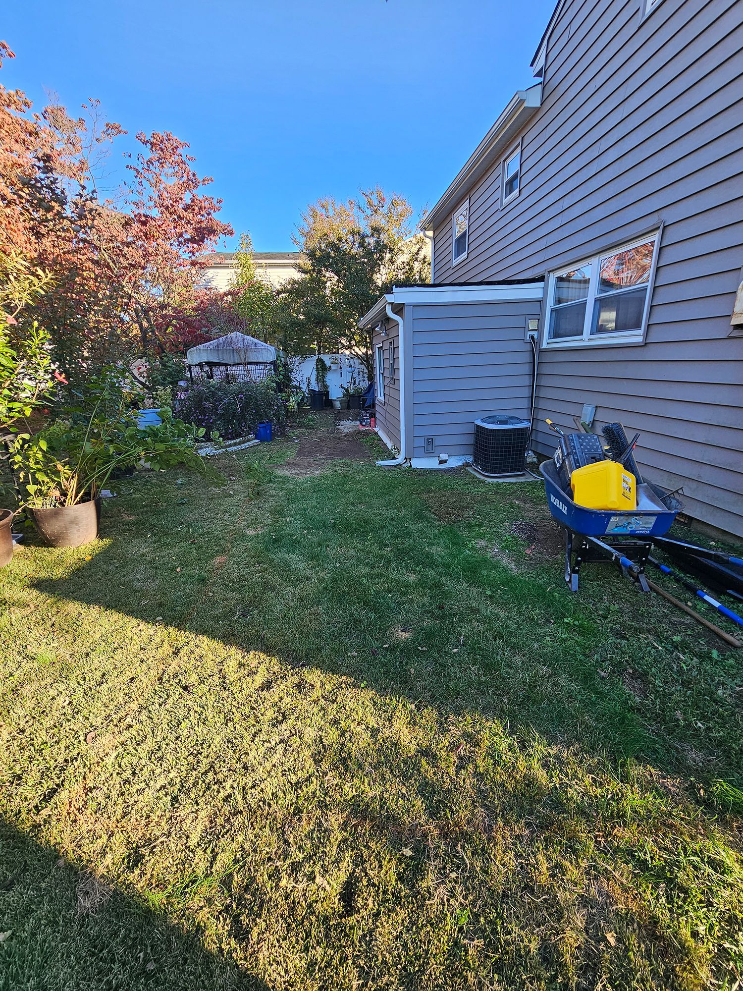 A backyard with a shed and a wheelbarrow in front of a house.