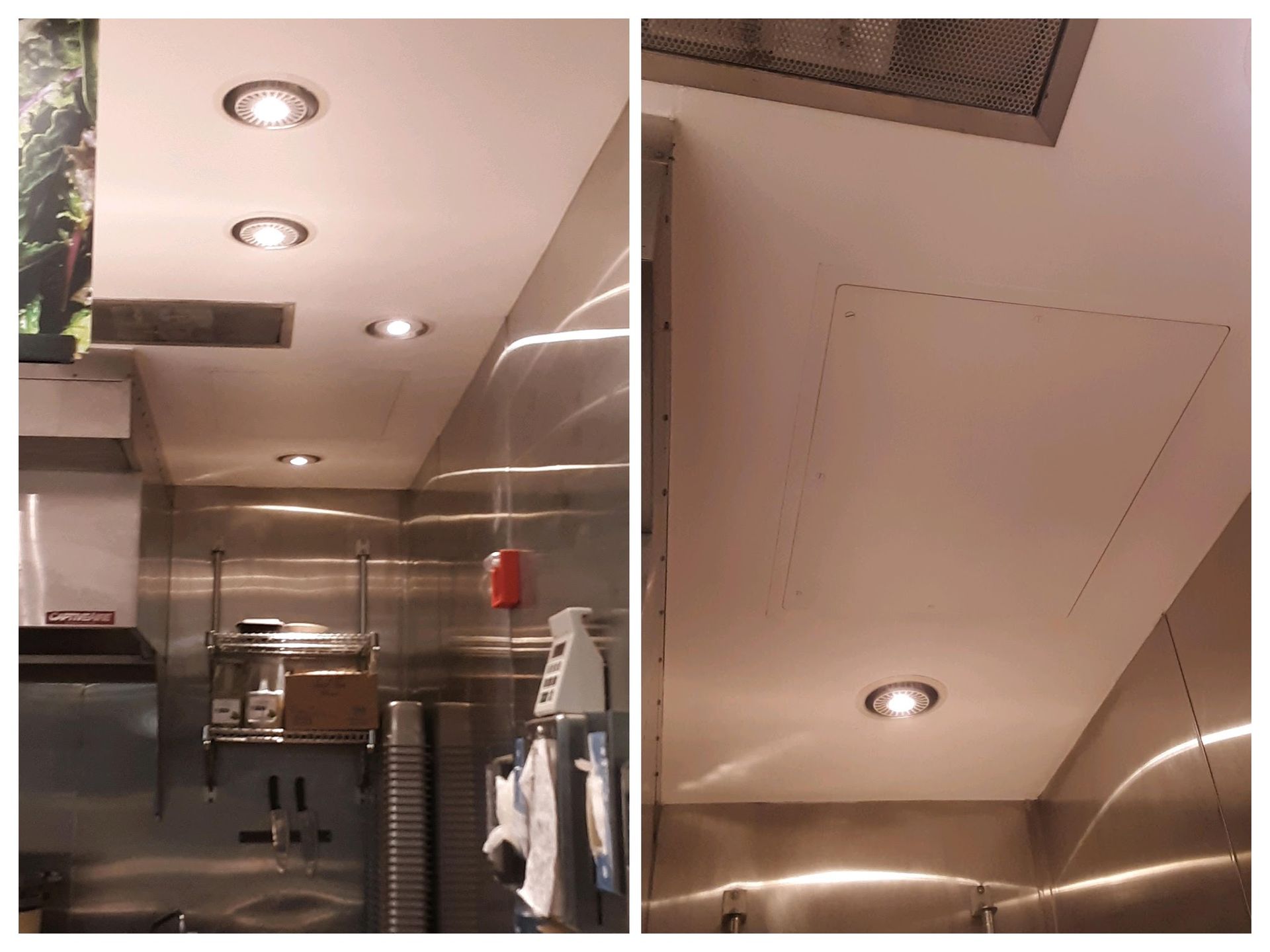 Split view of a commercial kitchen ceiling with recessed lights and a square access panel.
