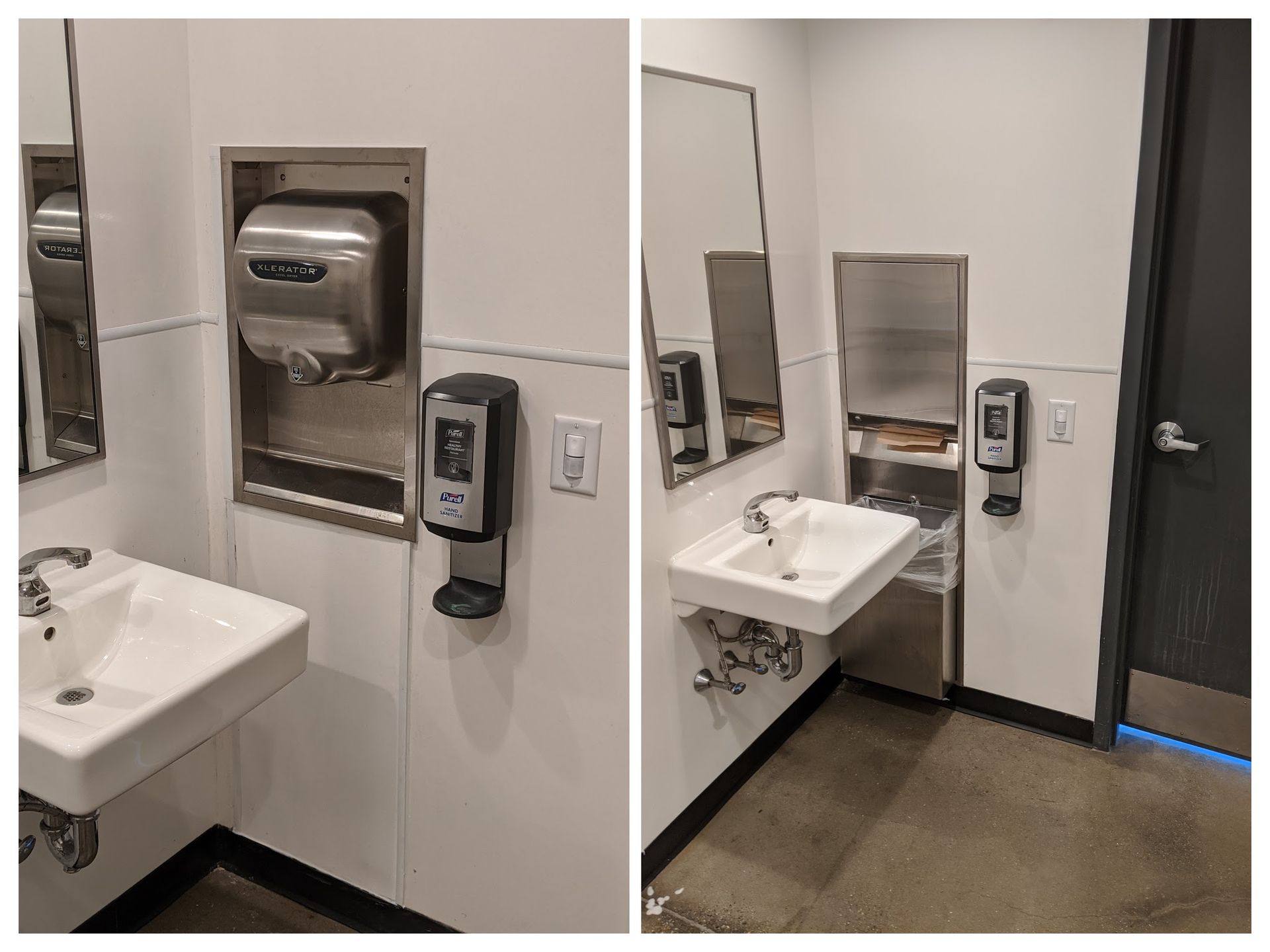 Two photos showing a public restroom sink with an adjacent wall-mounted soap dispenser and a recessed paper towel unit.