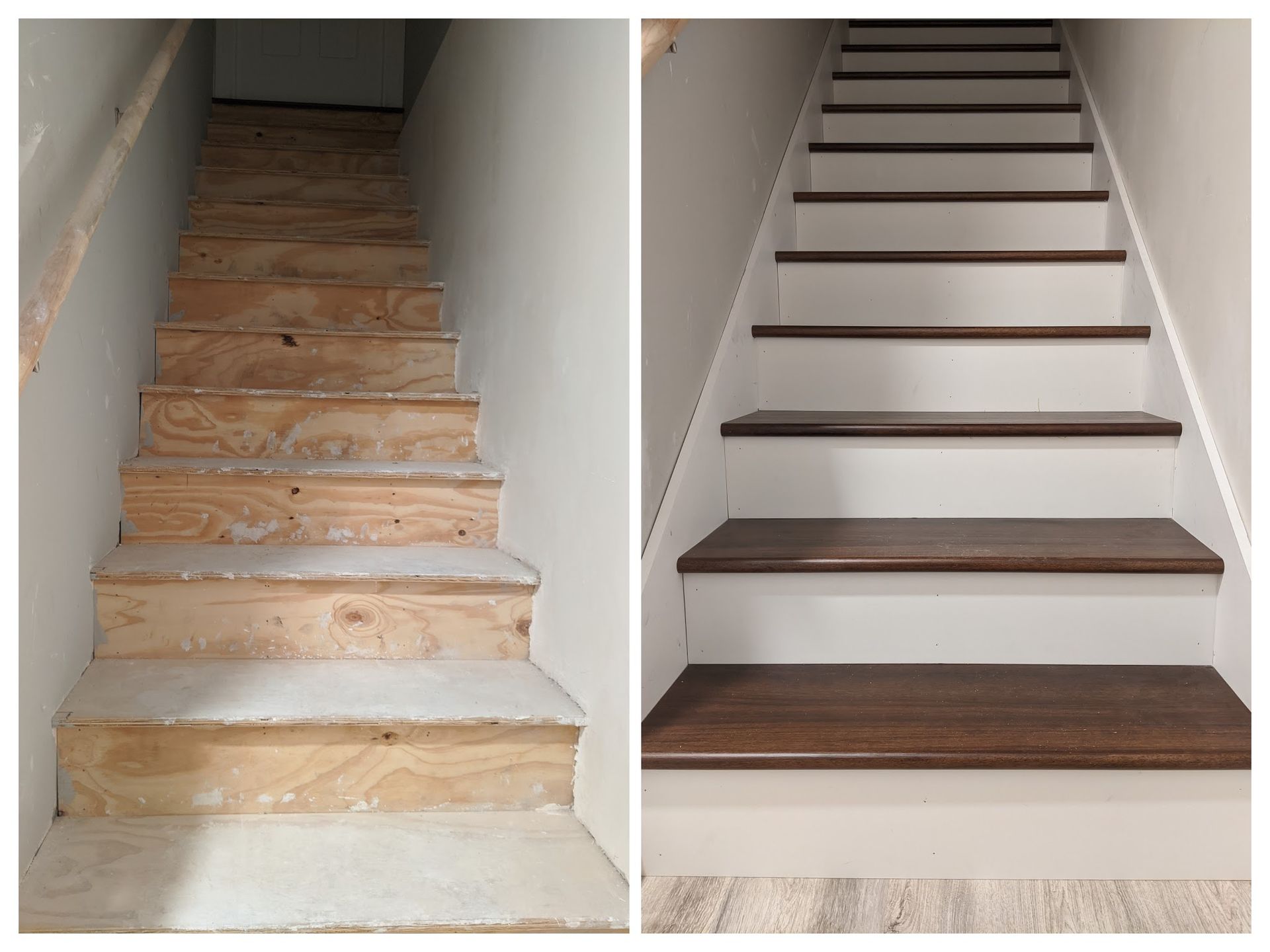Before-and-after view of a staircase renovation with unfinished plywood stairs transformed into stained wood treads.