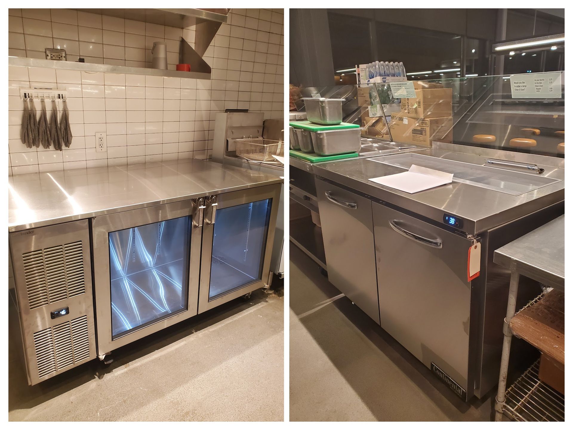 A split view of two industrial stainless steel refrigerated workbenches for food preparation in a commercial kitchen.