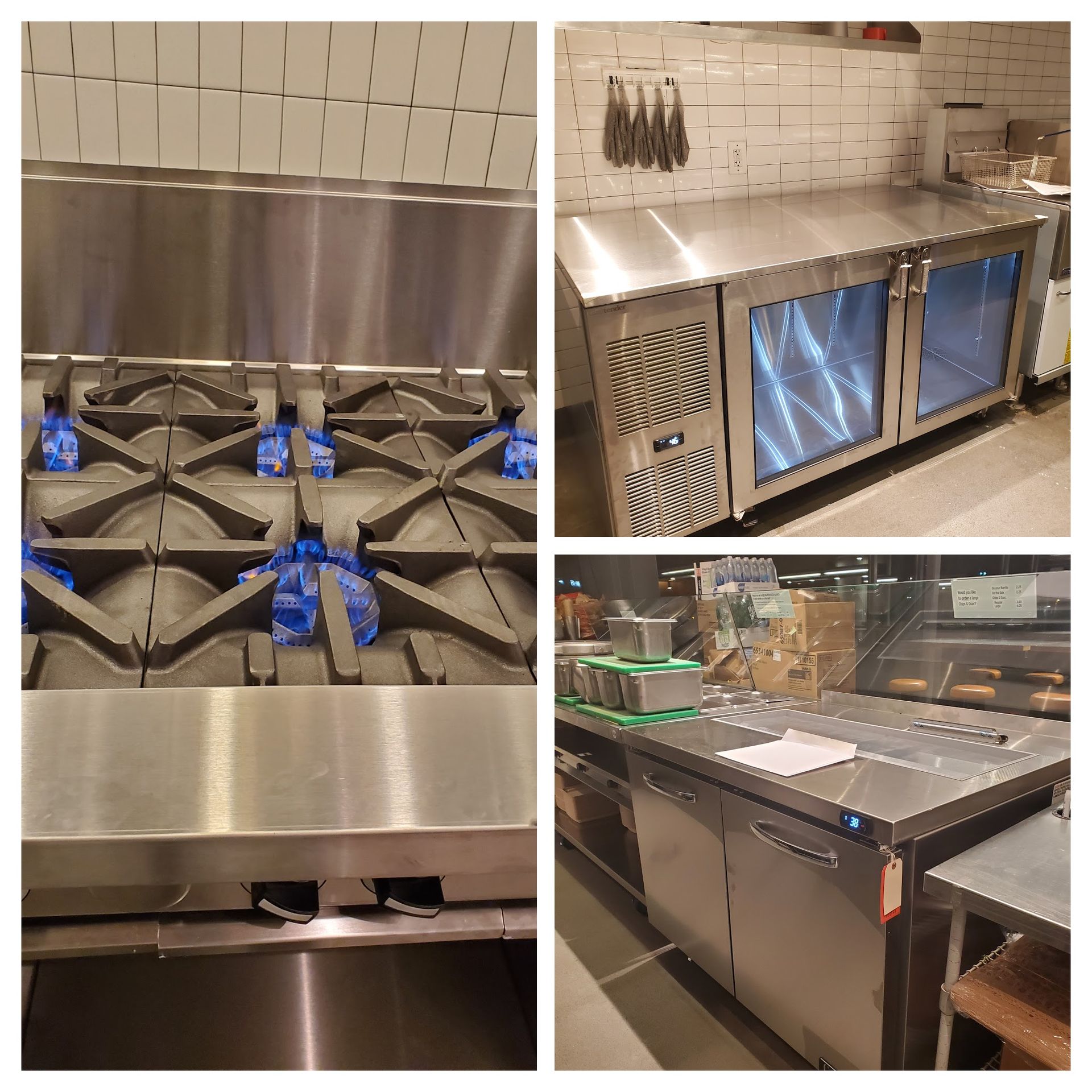 A three-panel image showing professional kitchen equipment, including a stovetop, a glass-door refrigerator, and a prep table.