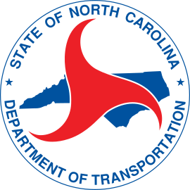 North Carolina Department of Transportation logo: blue state outline, red arrow symbol, and text