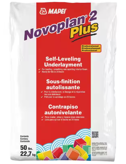 A bag of MAPEI Novoplan 2 plus self leveling underlayment
