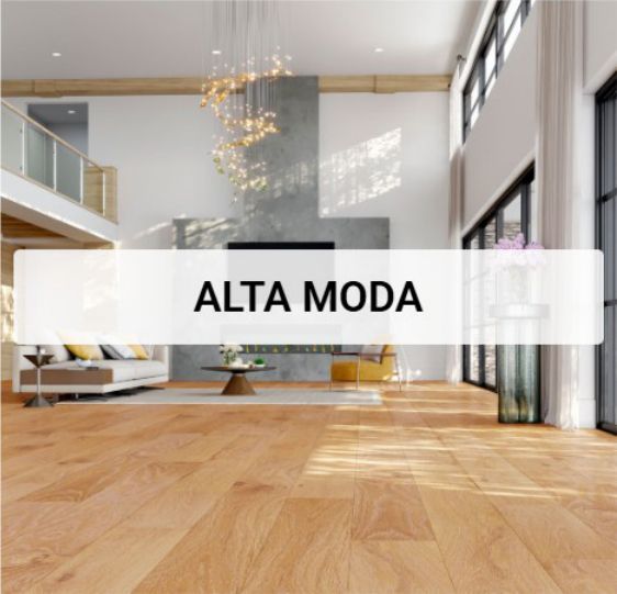 A living room with a wooden floor and a word that says Alta Moda