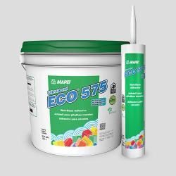 A bucket of eco 575 adhesive next to a tube of adhesive.