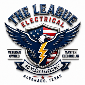 The League Electrical logo in red and blue text with a yellow horizontal bar