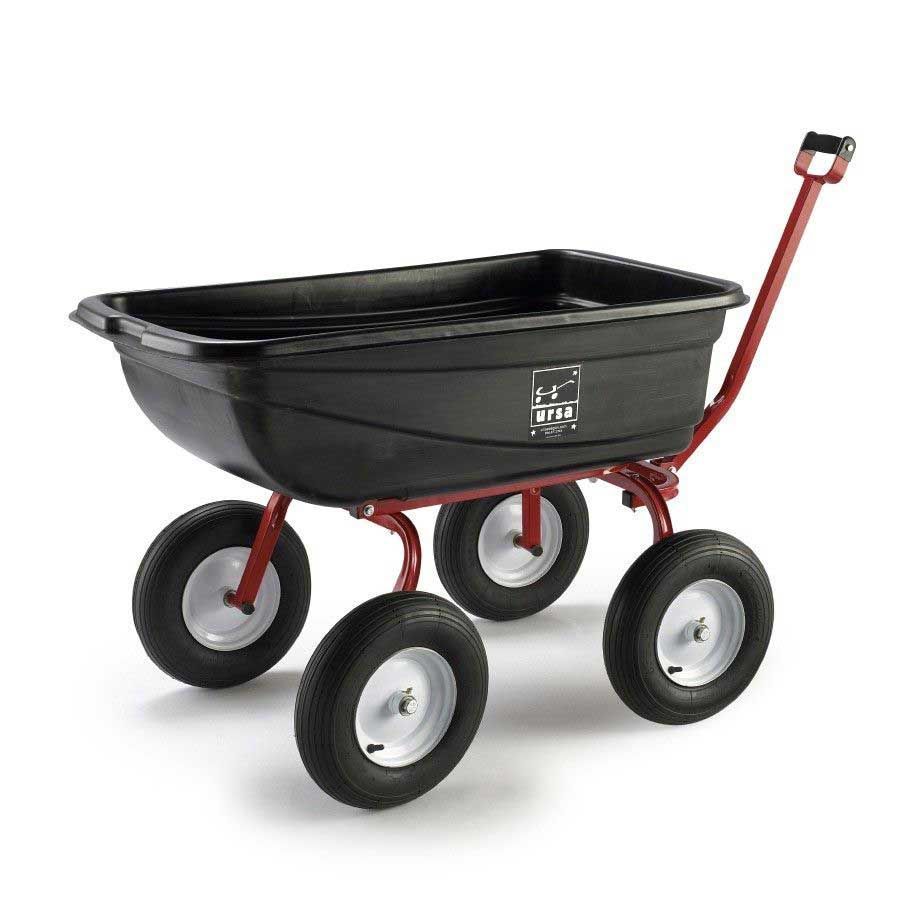 A black wheelbarrow with four wheels and a red handle