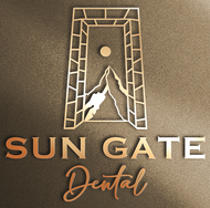 Sun Gate Dental logo with gold mountain gate icon on a brown background