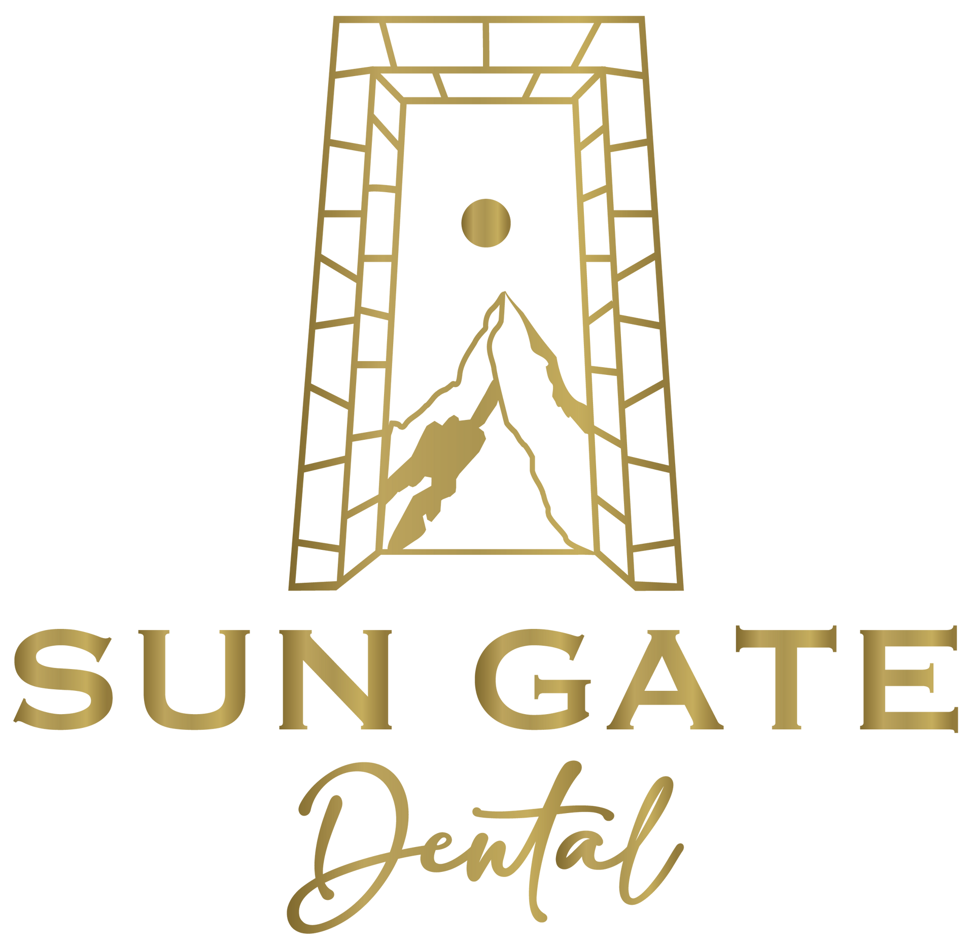 Sun Gate Dental logo with gold mountain gate icon on a brown background