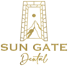 Sun Gate Dental logo with gold mountain gate icon on a brown background