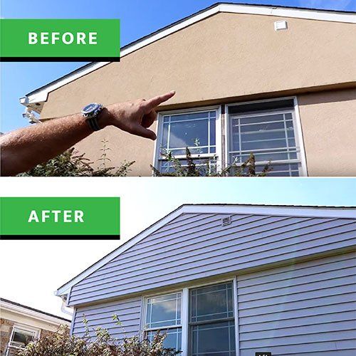 Before and after image of siding installation