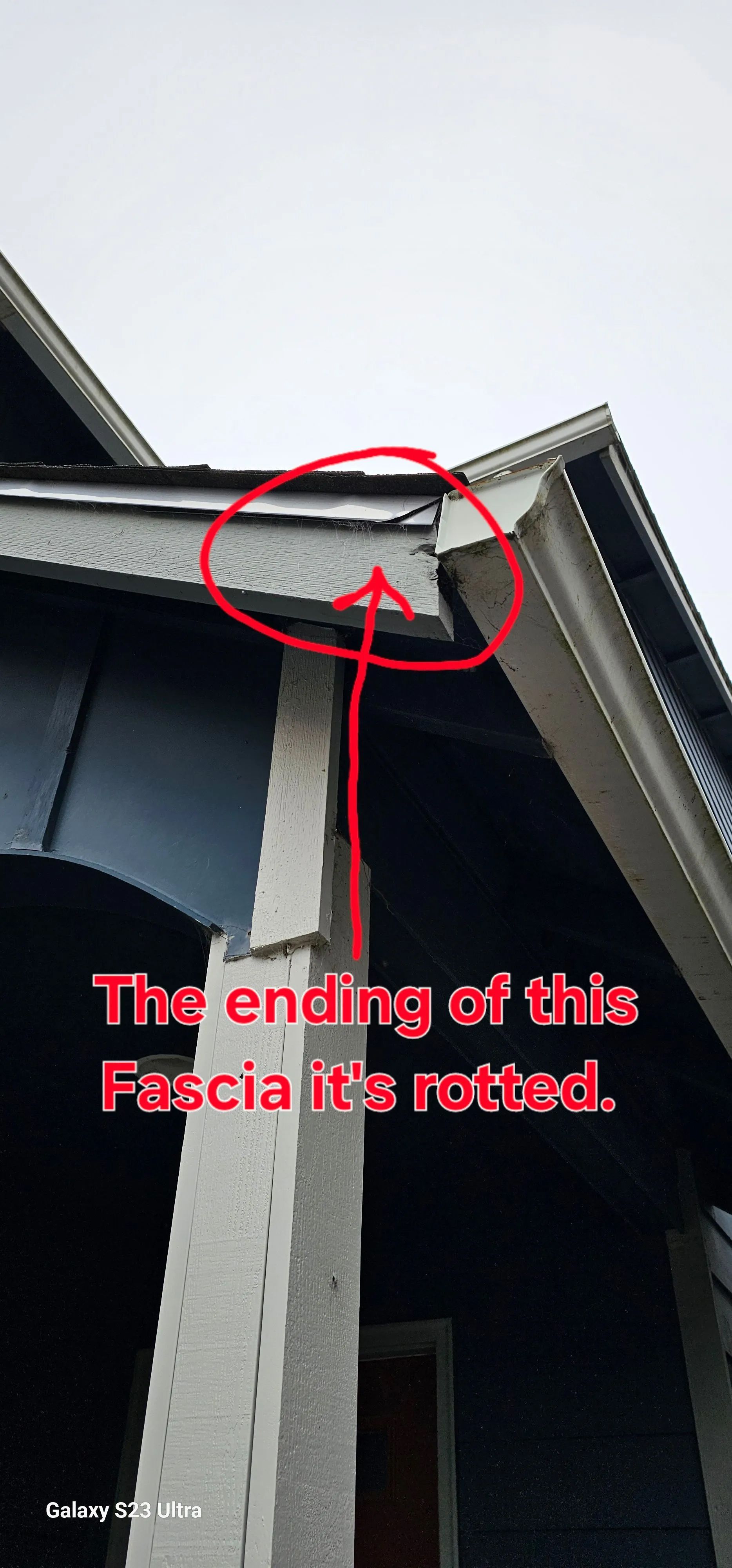 Annotated roof fascia showing a circled, loose end marked The ending of this Fascia is notbad.