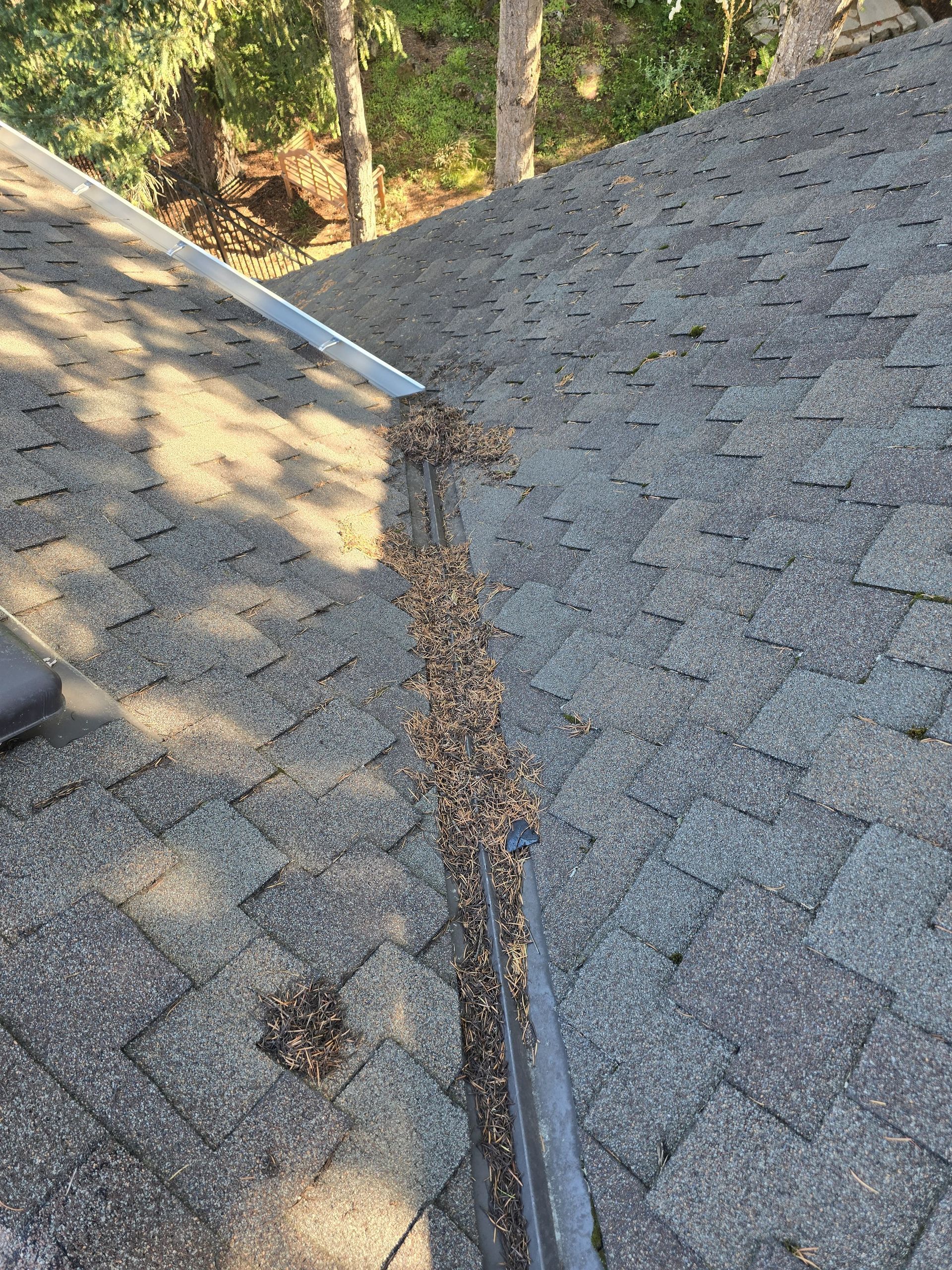 Roof's angled valley filled with small brown debris, likely granules, surrounded by gray asphalt shingles.