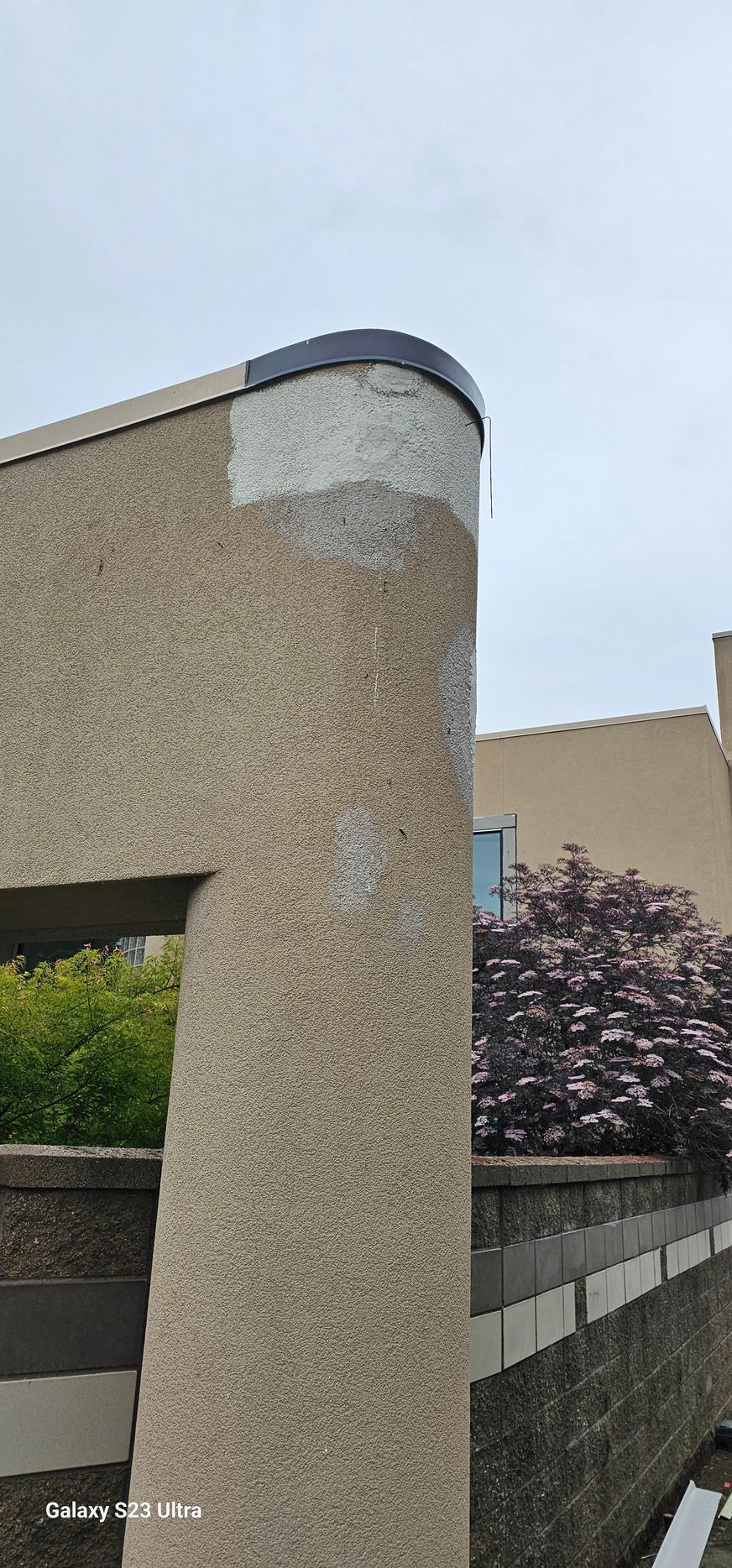Stone building corner, curved top with a dark cap. Green and purple foliage visible nearby.